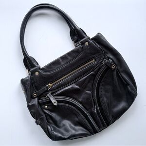 Cole Haan Black Leather Shoulder Bag w/ Exterior Zip Pockets & Suede Trim